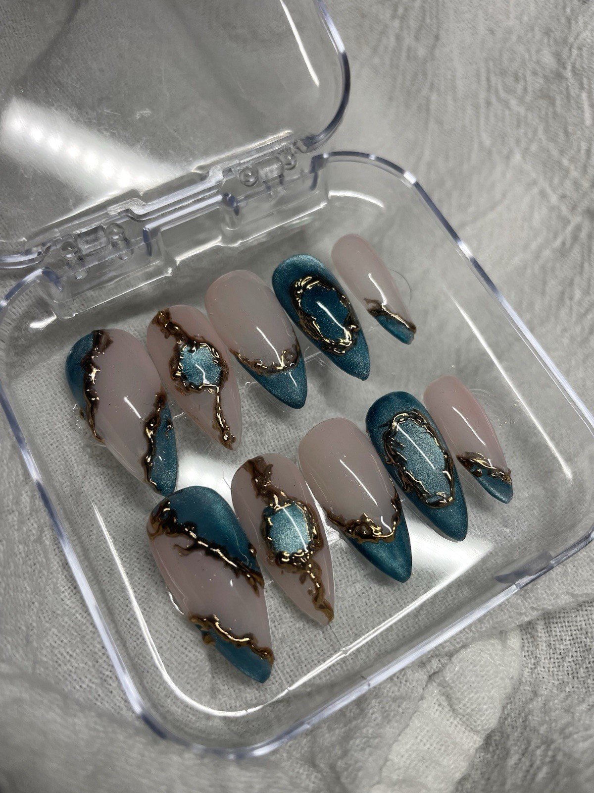 Teal Cat Eye Marble Press On Nails | Gold Accent Nails | Blue Cat Eye Nails