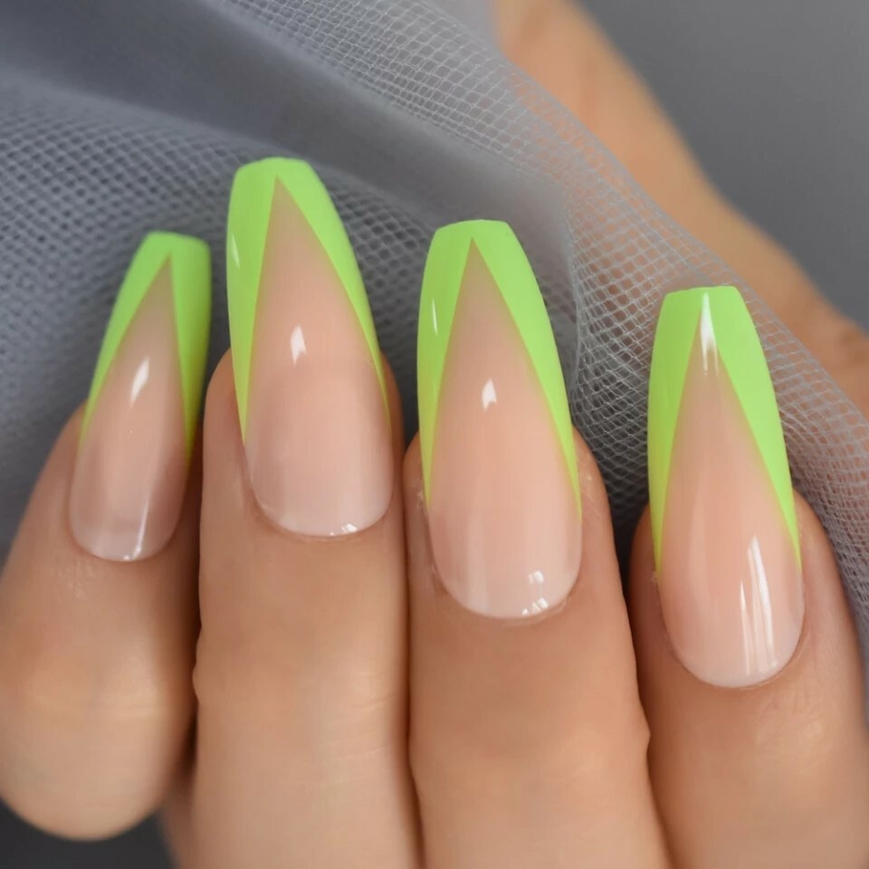 24 Nude Green Rim V Shape Press On Nails w/ Glue Coffin extra long neon