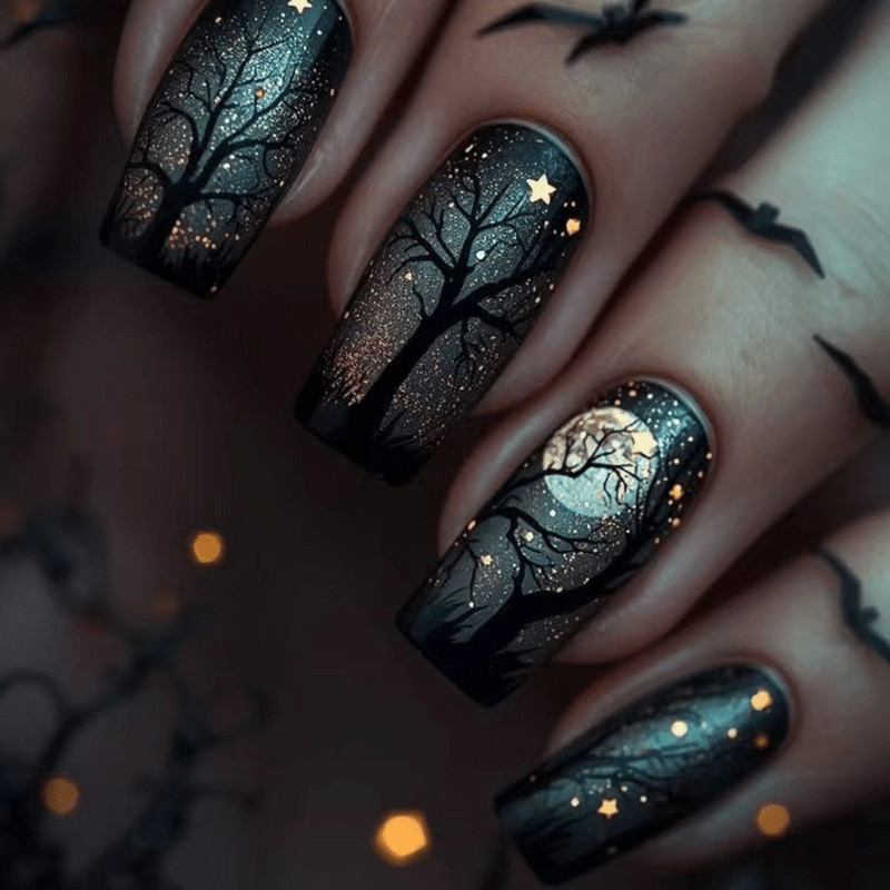 48 Pcs Halloween Tree Press on Nails, Long Coffin Star Glitter Gothic Fake Nails