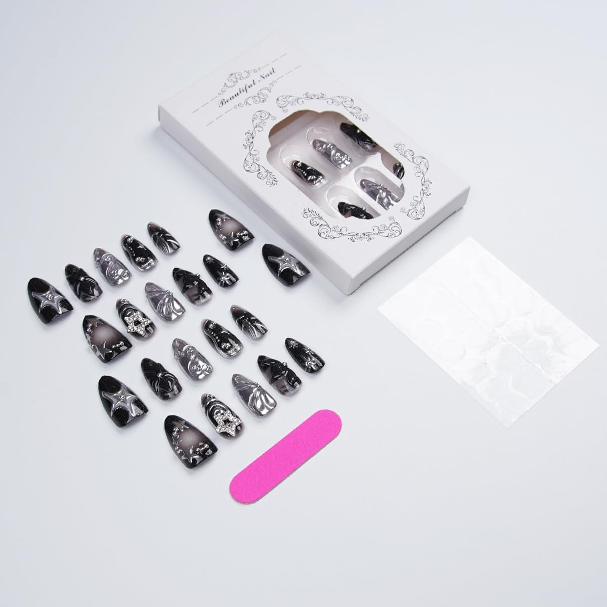 30Pcs Black Flower Press on Nails Short Almond Fake Nails Punk Metal Y2k Fals…