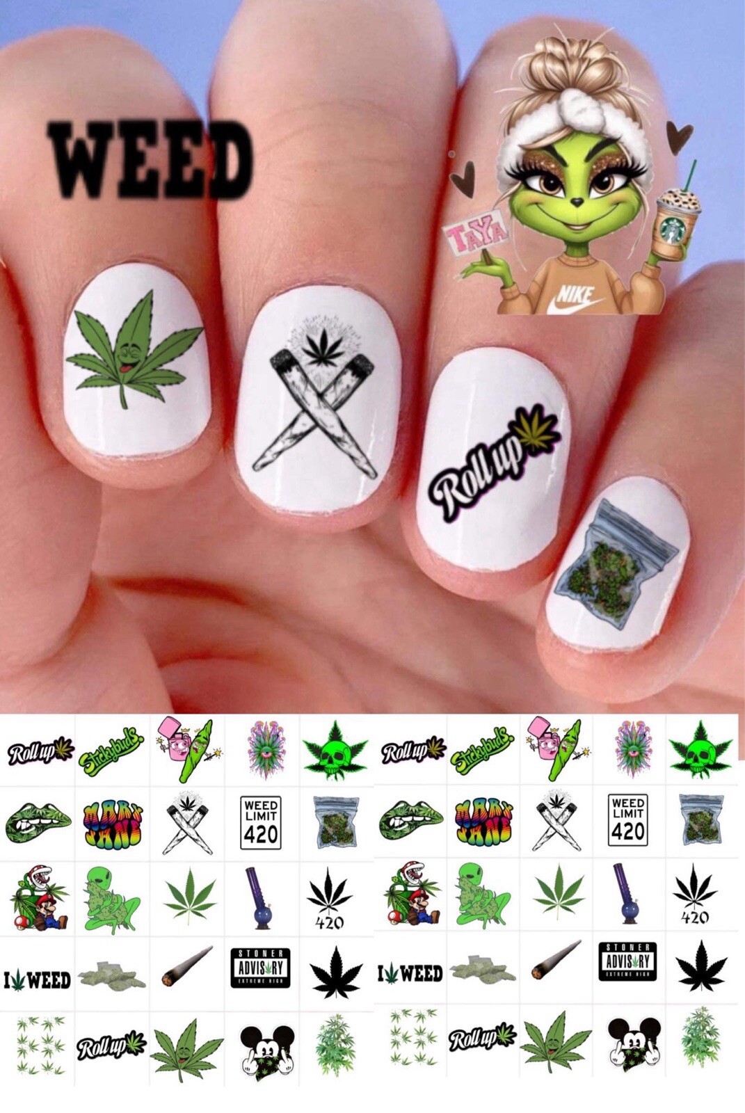 Weed Waterslide Nail Art Decals Set Of 50, Instructions Bonus