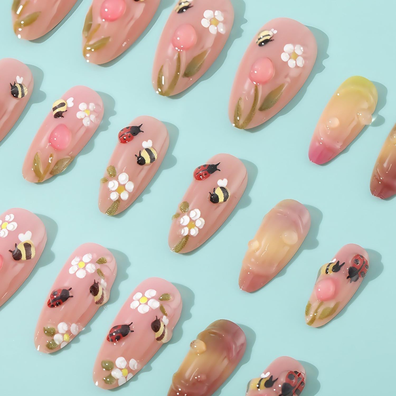 24Pcs Flower False Nail Medium Almond Colorful Floral 3D Cute Bee ladybug wit…