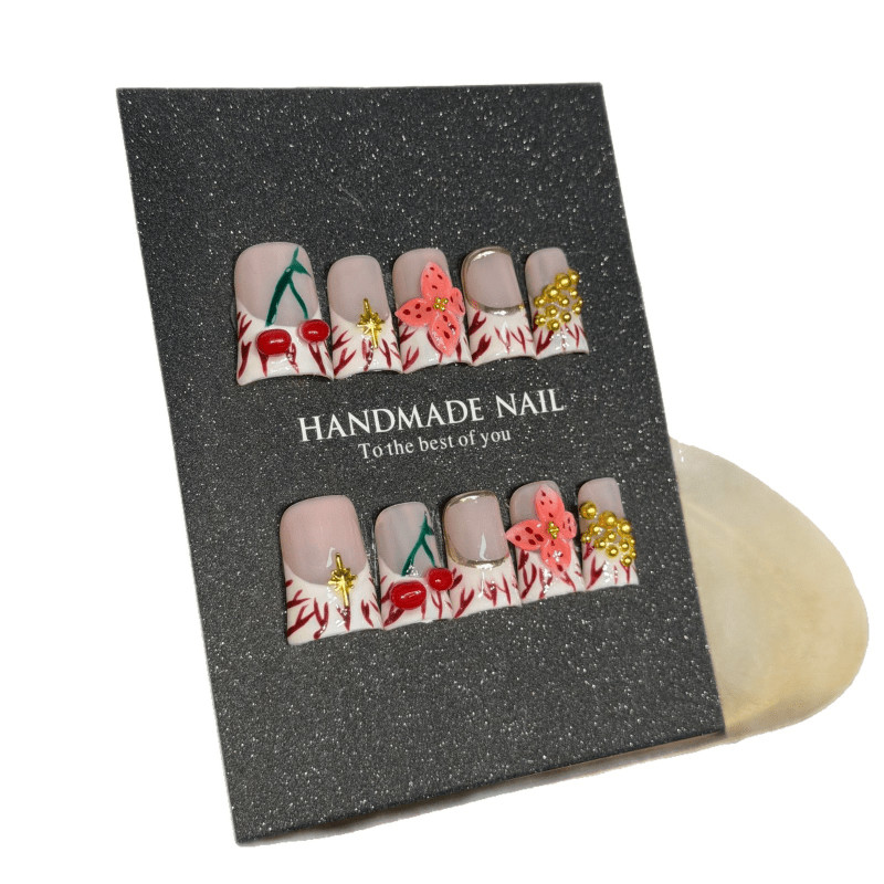 10p Short Square Press on Nails, Nude Red French Tip Cherry Printed Trendy Nails