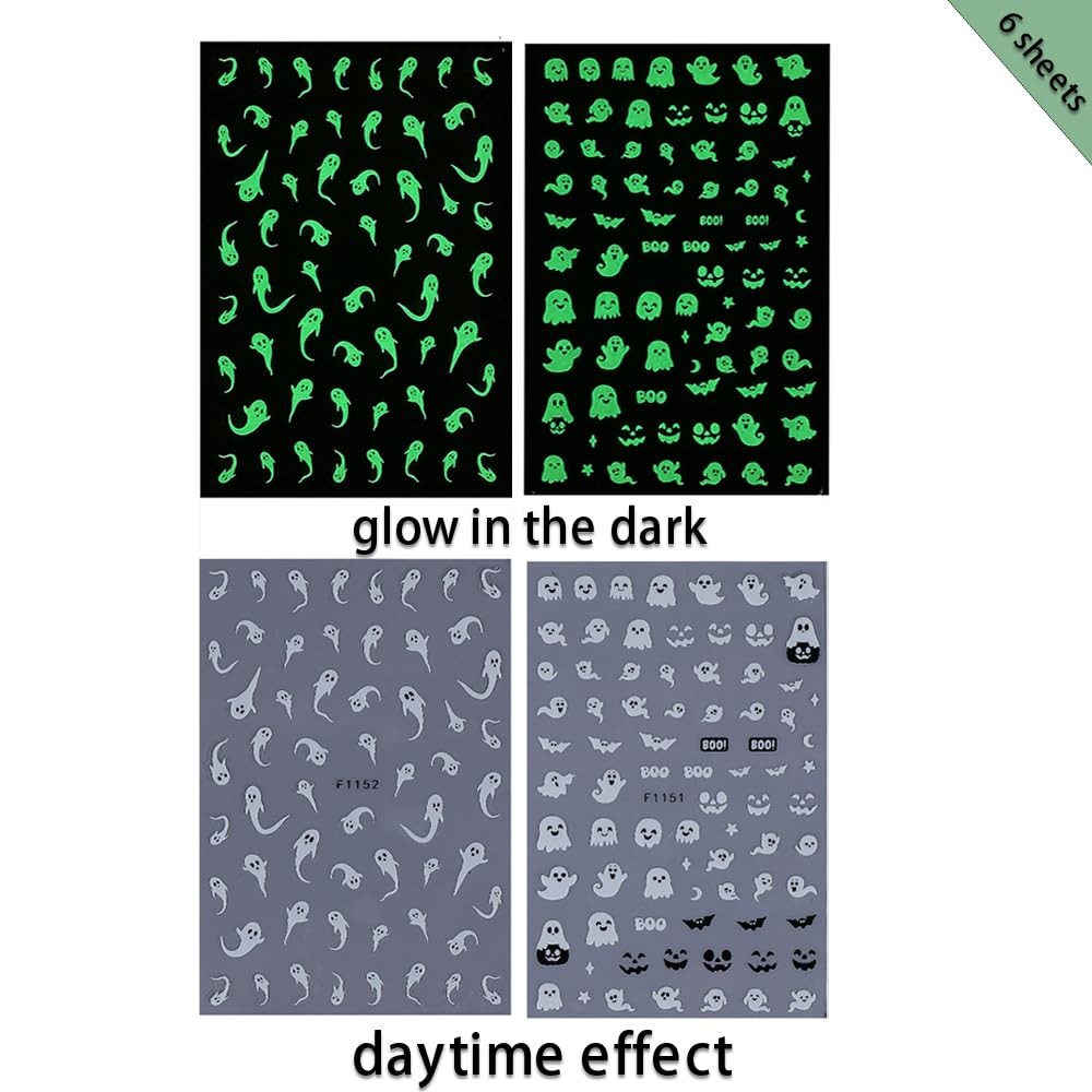 6pcs Halloween Nail Stickers Light in The Dark Cute Ghost Nail Decals Luminou…