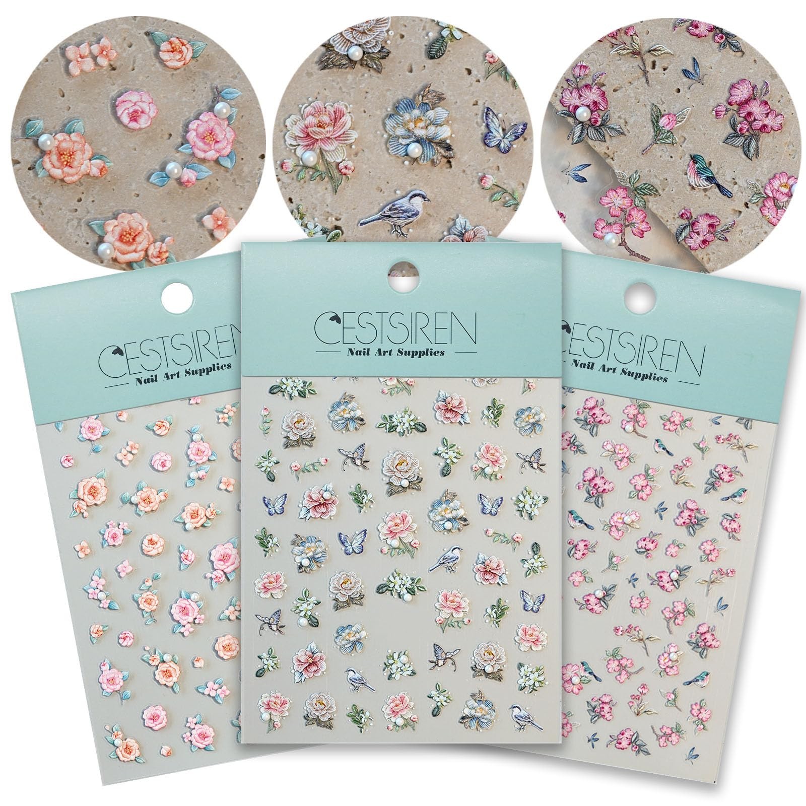 Flower Rose Bird Nail Art Stickers Pearl Rhinestones Embossed Vintage Nail De…