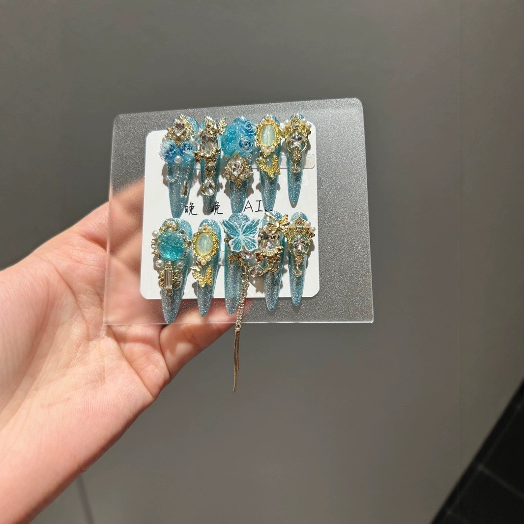 Blue Rose Luxury 3D Carved Cat Eye Press On Nails