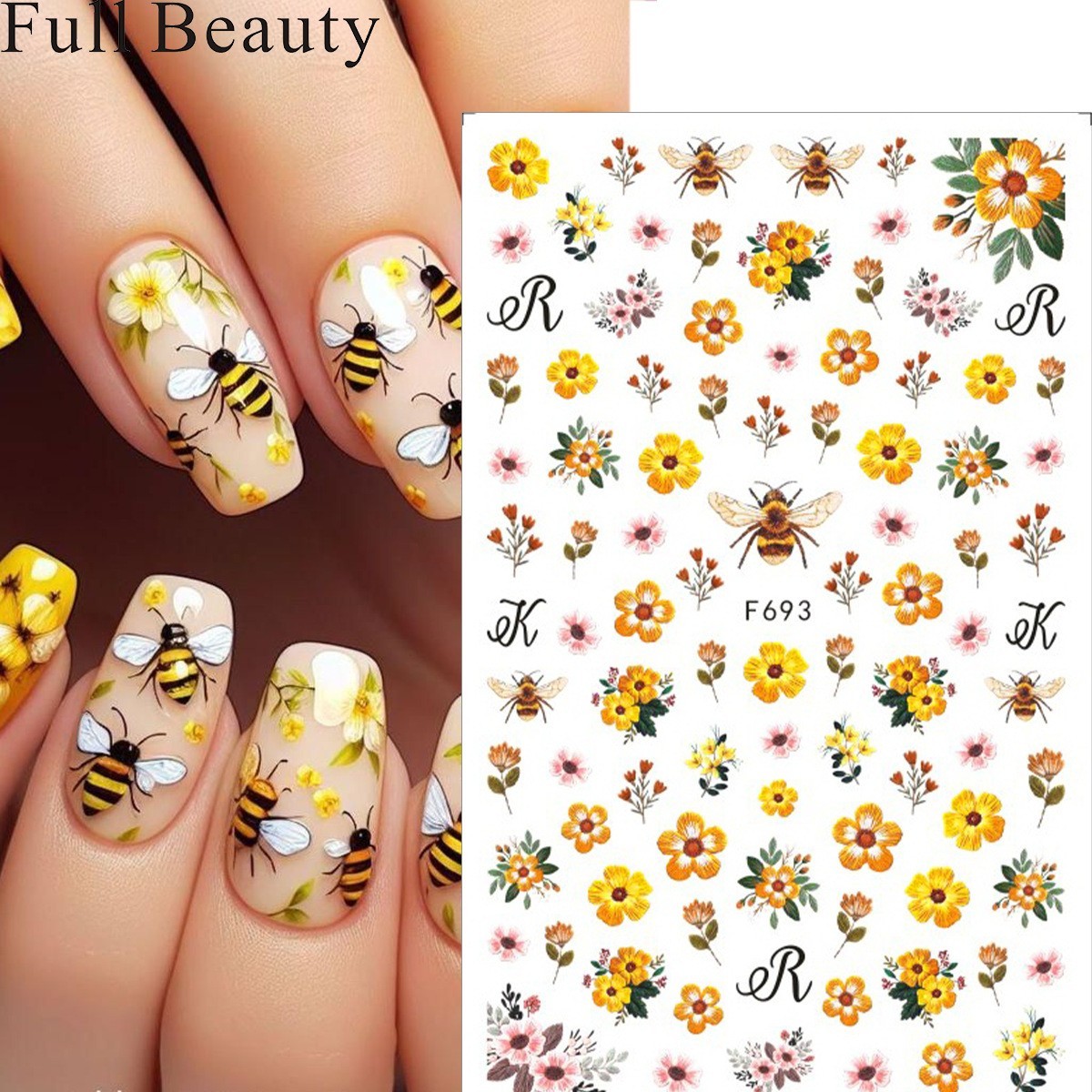 Nail Art Stickers Decals Yellow Flowers Bumble Bee Floral Bees Wasp F693 NS44