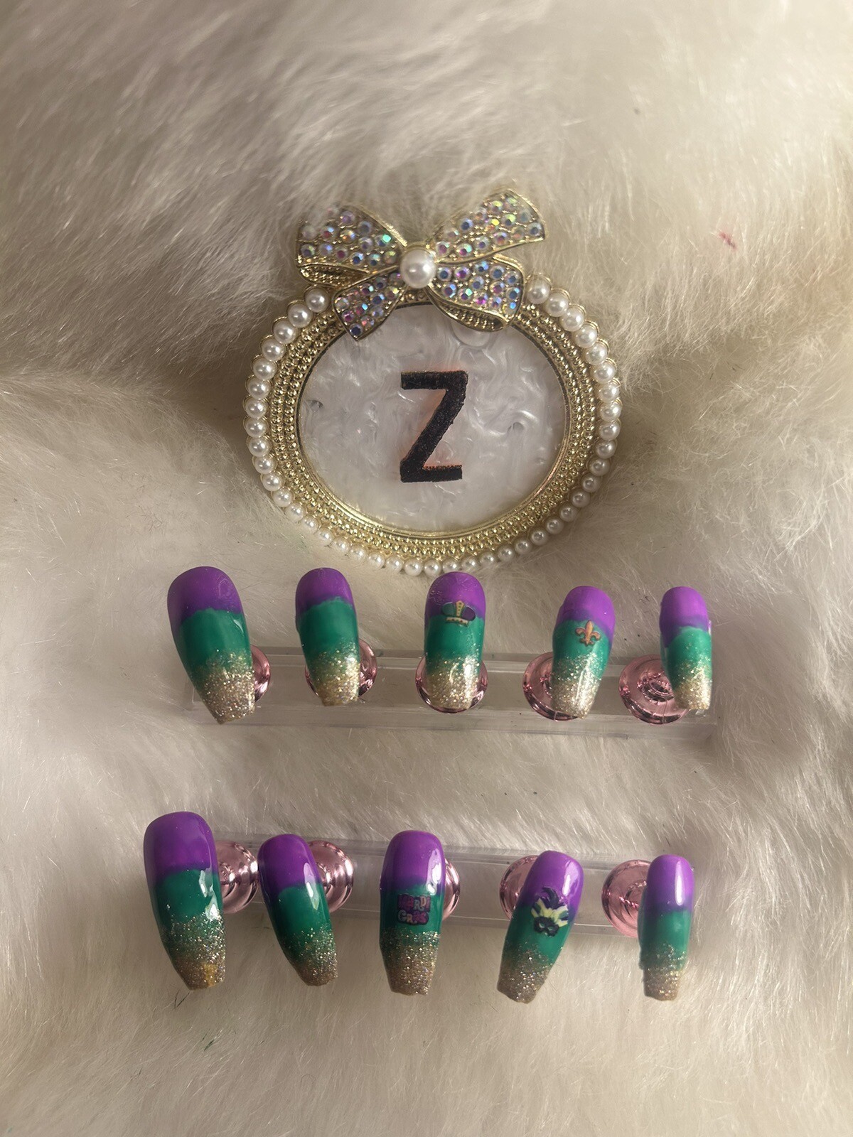 Z NAILZ! Mardi Gras Themed Nails L Coffin In Purple, Green, Gold Press On Nails