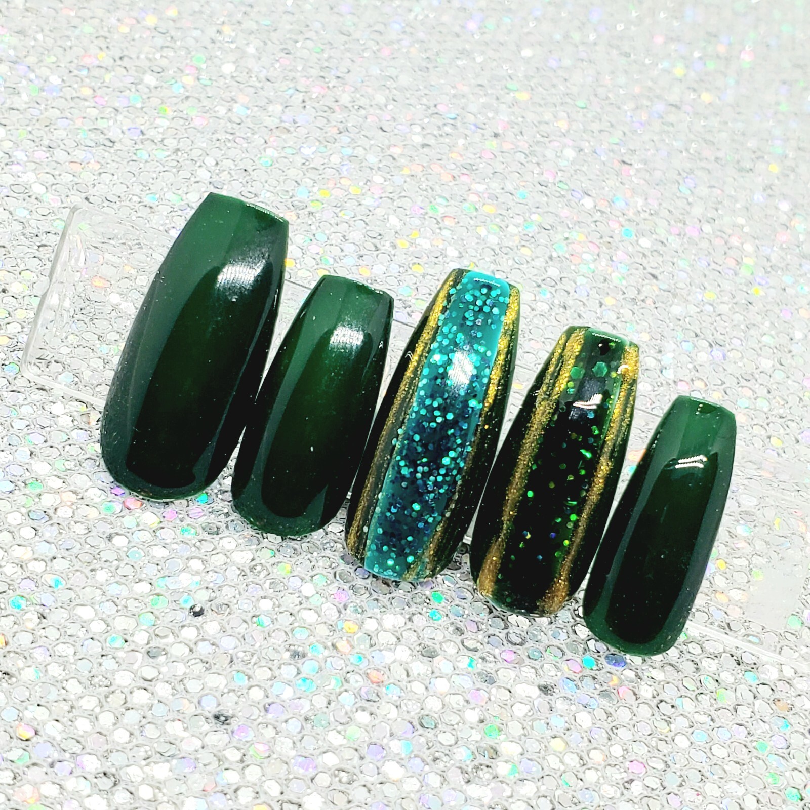 Green Glitter Two Tone Gold Stripe Short Square Press On Nails Handmade Hard Gel