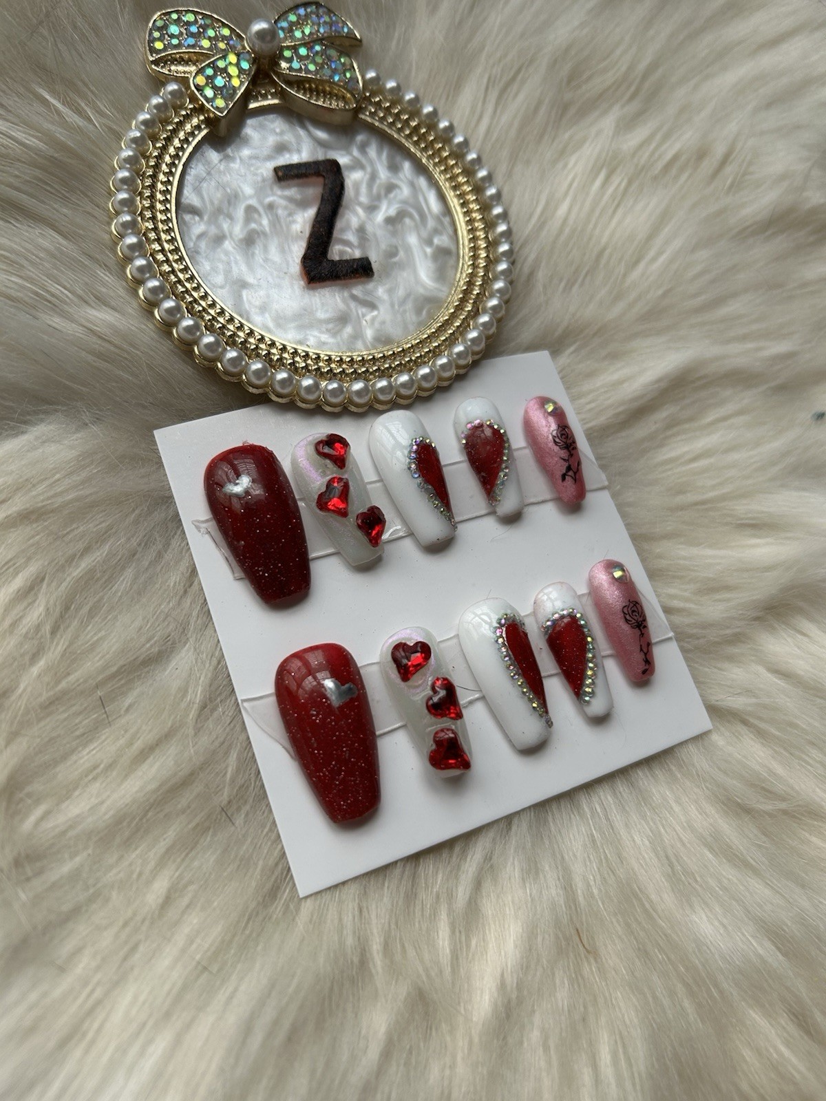 Z NAILZ! Handmade M Coffin Valentines Day/Love Red, White & Pink Press On Nails