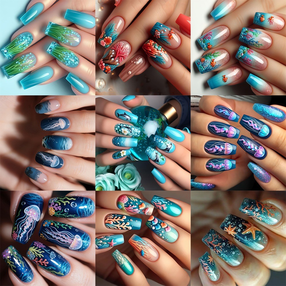 24pcs Ocean Press-On Nails: Coral, Jellyfish Mermaid Designs.Reusable Salon Art.