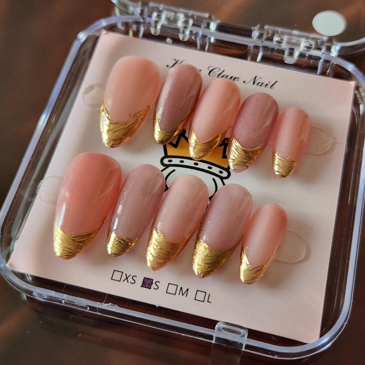 Pink Cateye 2.5 length Almond Gold Tipped Press-On Nails. Size S
