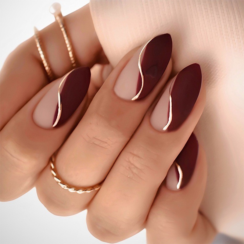 48pcs-Burgundy Gold Line Press on Nails, Nude Almond False Nails for Women