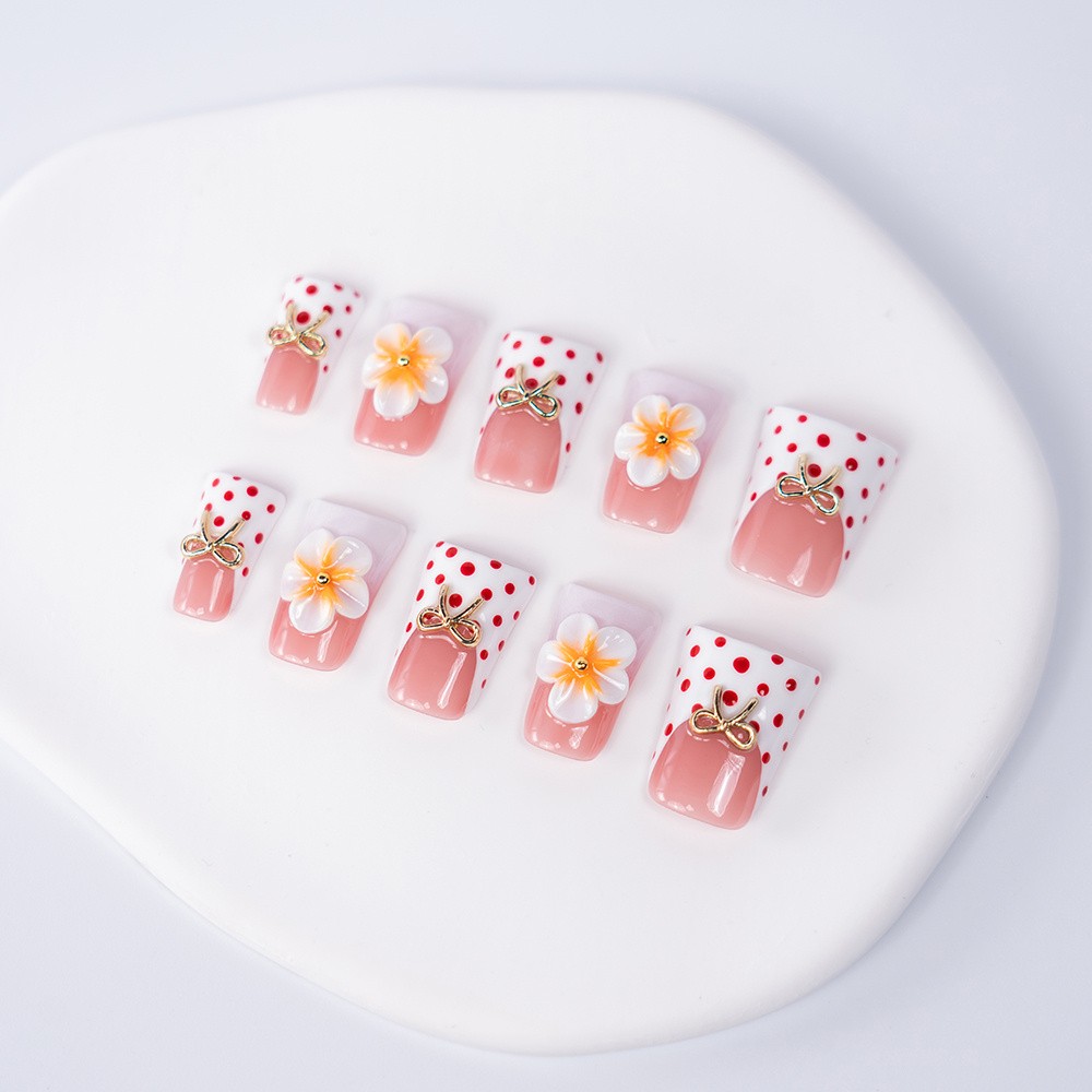 10pcs Handmade Nails, Yellow White Ombre w/ 3D Flowers, Red Polka Dot, Chic