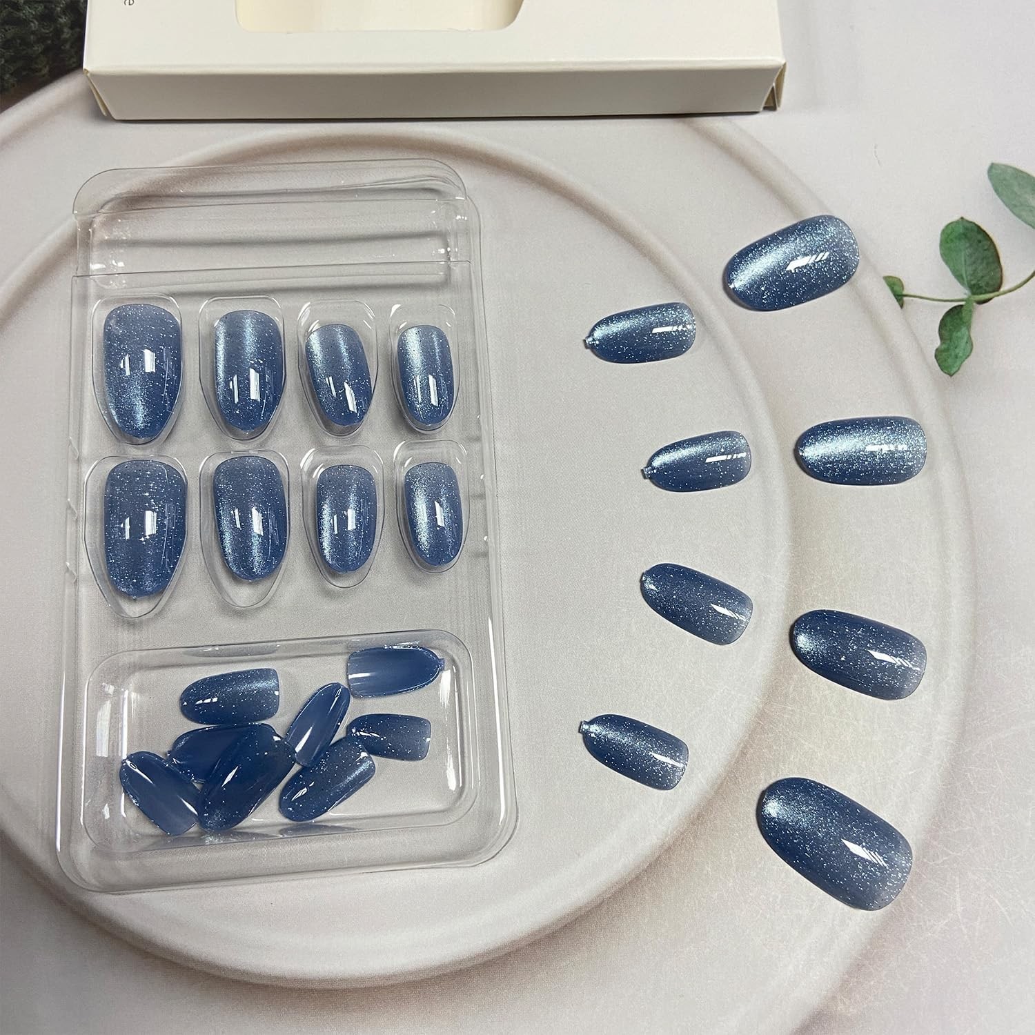 Tyuimhx Blue Cat Eye Press on Nails Medium Oval Fake Nails Glitter False Nail…