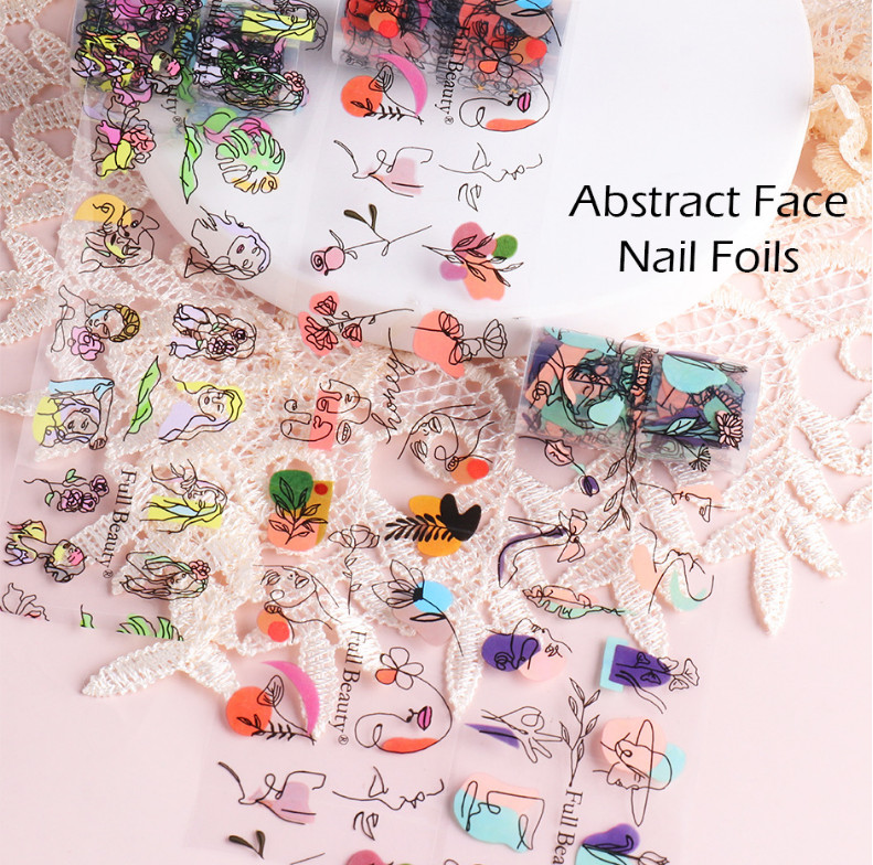 10Rolls Foil Stickers Abstract Face Line Leaf Nail Art Transfer Paper Wrap Decor
