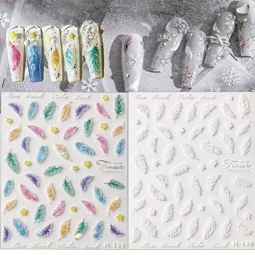 Nail Art Stickers 5D Embossed Nail Decals White Green Blue Pink Leather Feather