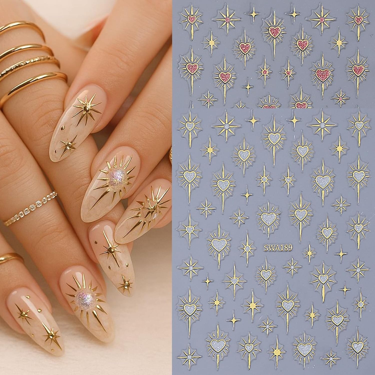 Elegant Holographic Nail Decals – 12 PCS Sun Heart & Stars for Every Occasion