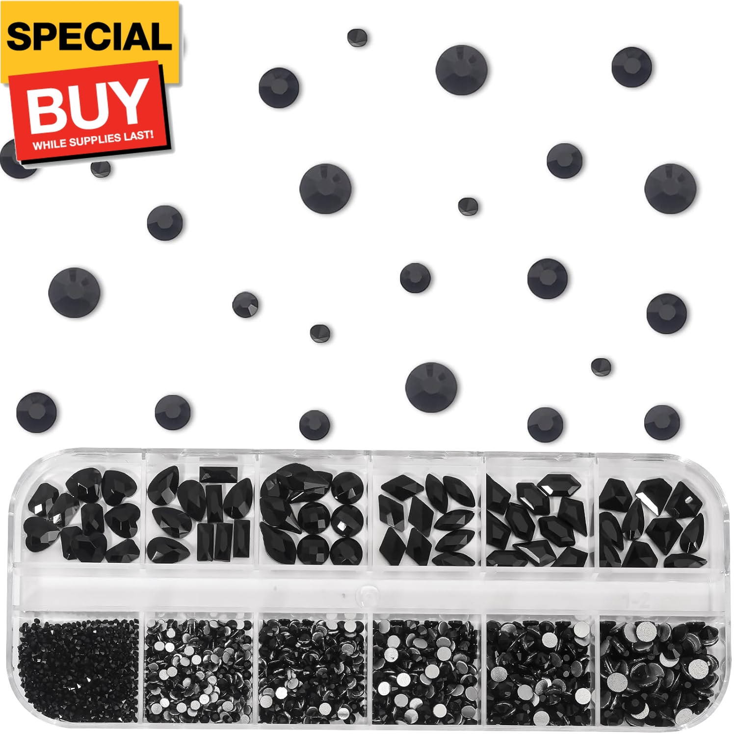 Black Nail Rhinestones Kit Flatback Crystal Black Glass Gems Stones 1450Pcs Nail