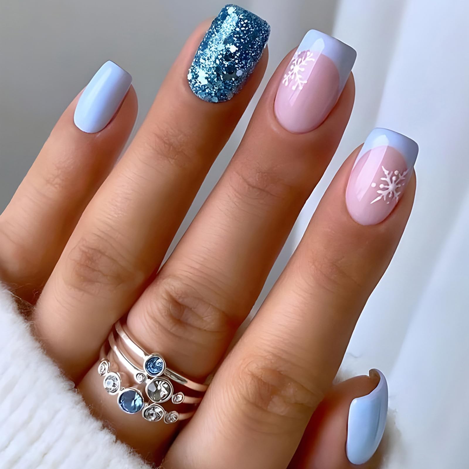 Christmas Blue French Tip Press on Nails Short Square Fake Nails with Blue Gl…