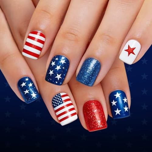 4th of July Press on Nails – Short Square Star Stripe Glitter Nails – A31