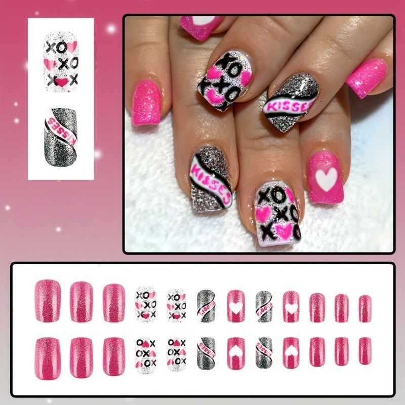 48 Pieces of Short, Sparkling, Wearable Nail Art, Shiny Pink Fake Nail Art