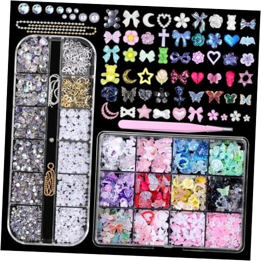 3D Nail Charms Set, Color Flower Bow Moon Heart Star Nail Art Charms, Half