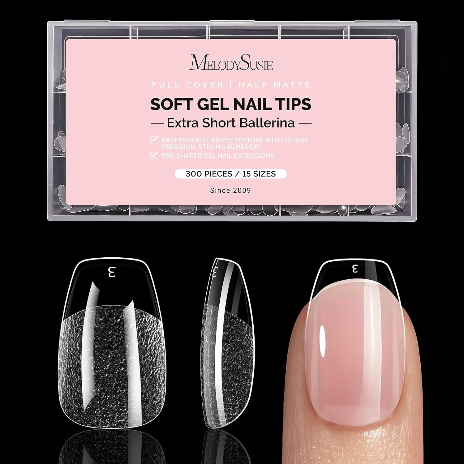 Extra Short Ballerina X Nail Tips – 300Pcs 15 Sizes Clear Acrylic, Half Matte Fu