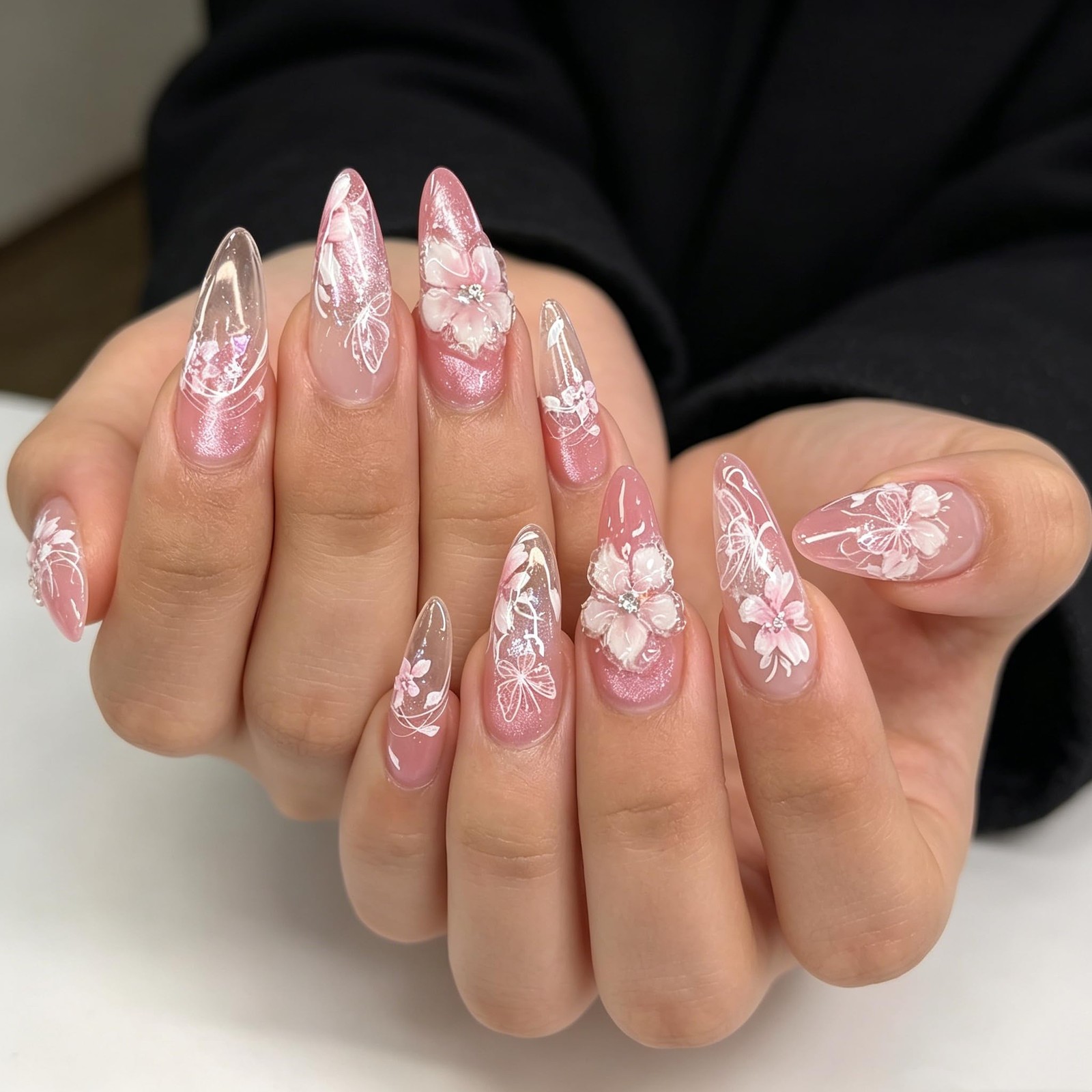Tephrent Pink Peach Blossom Press on Nails Long Almond