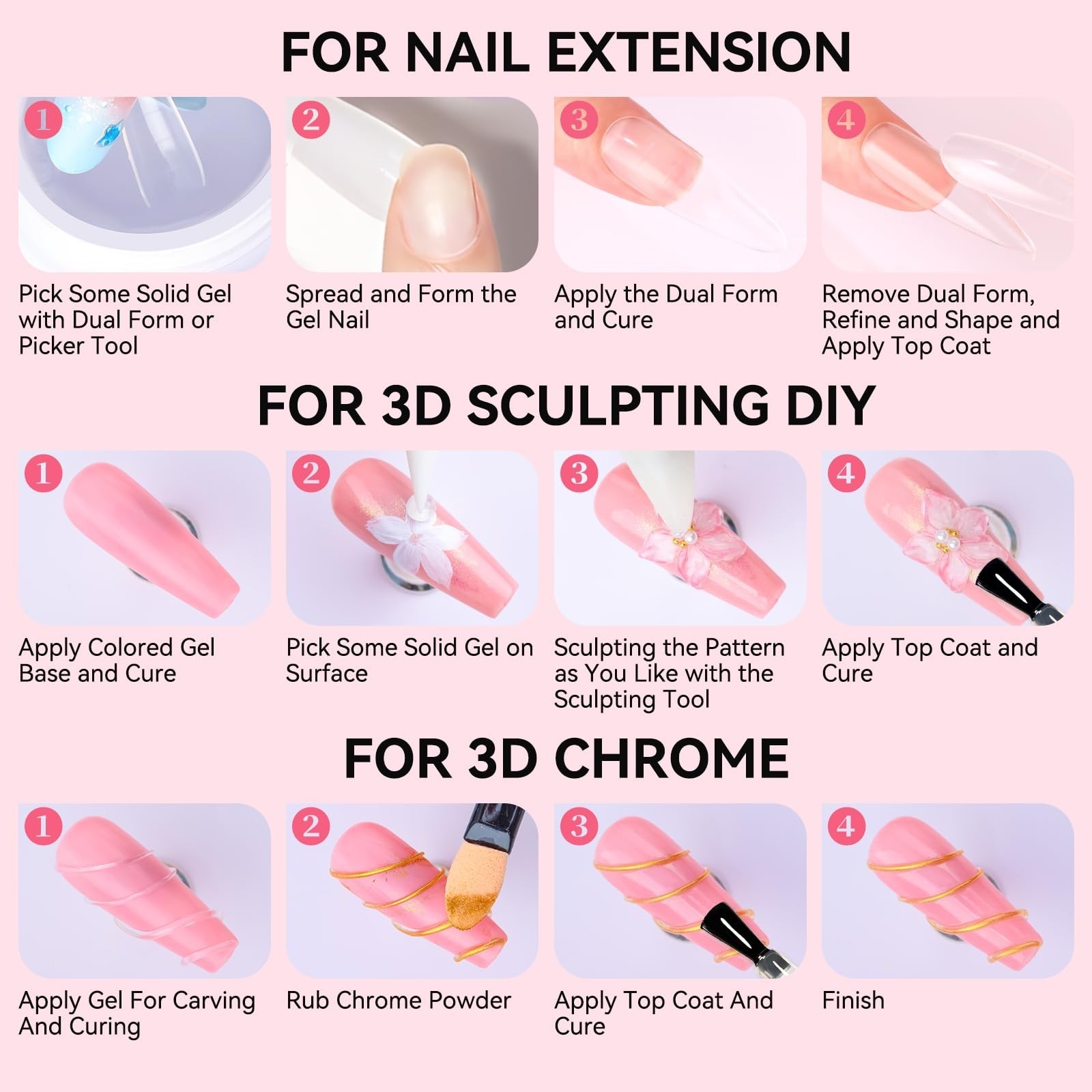 4-in-1 Clear & White 3D Gel Nail Art – Non-Sticky Sculpting & Extension Gel, DIY