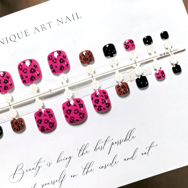 48pcs Short Square Press on Toe Nails, Hot Pink Black Leopard Print Gloss Nails