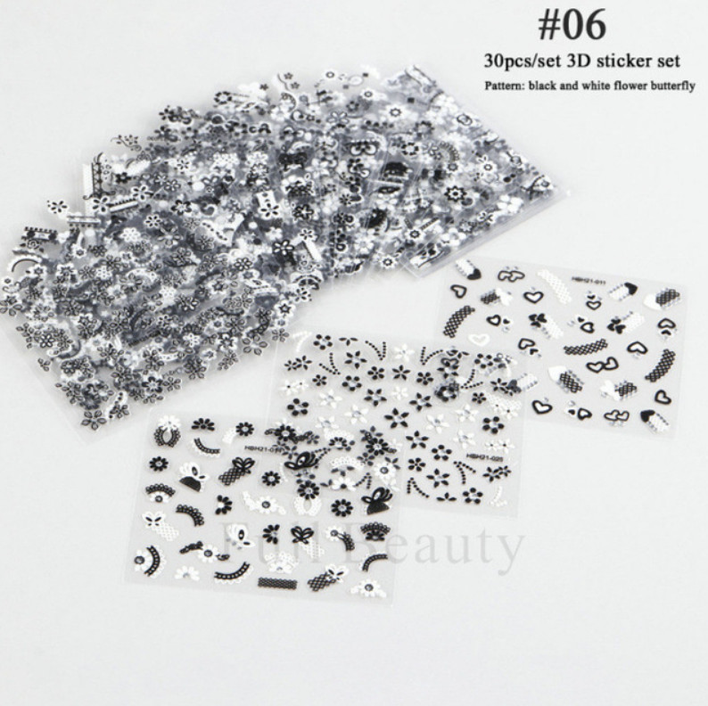 30 Sheets Black White Cloud French Flower Nail Art Sticker Decoration Manicure