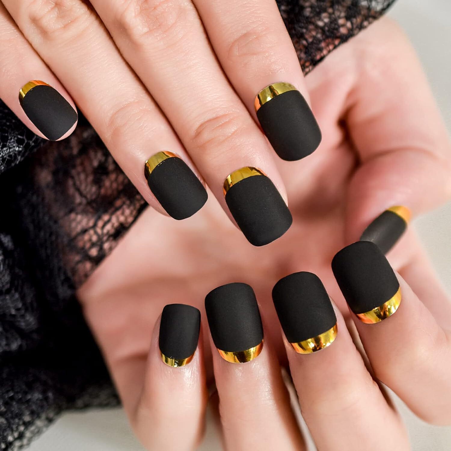 Matte Black Gold Chrome French Press On Nails Short Square Glue On Fake Nails