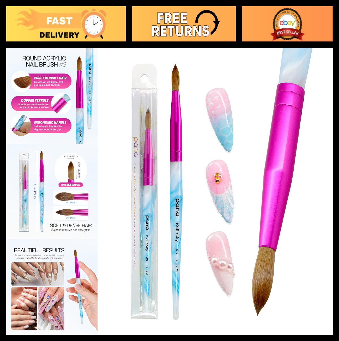 Acrylic Nail Brush Size 8 – Pure Kolinsky Hair, Round Shape, Blue Handle, Pink F