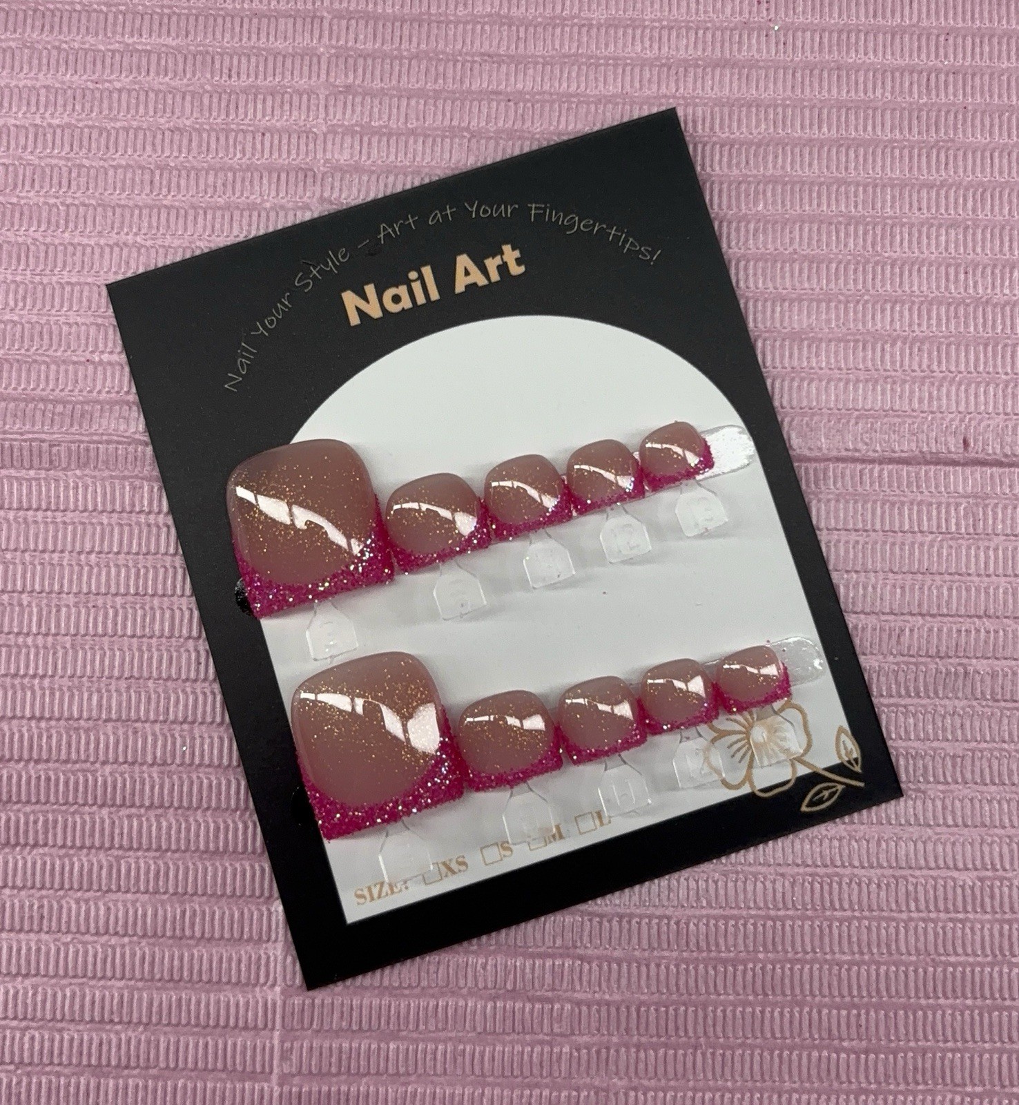 press on toenails pink glitter french tips nude handmade custom builder gel