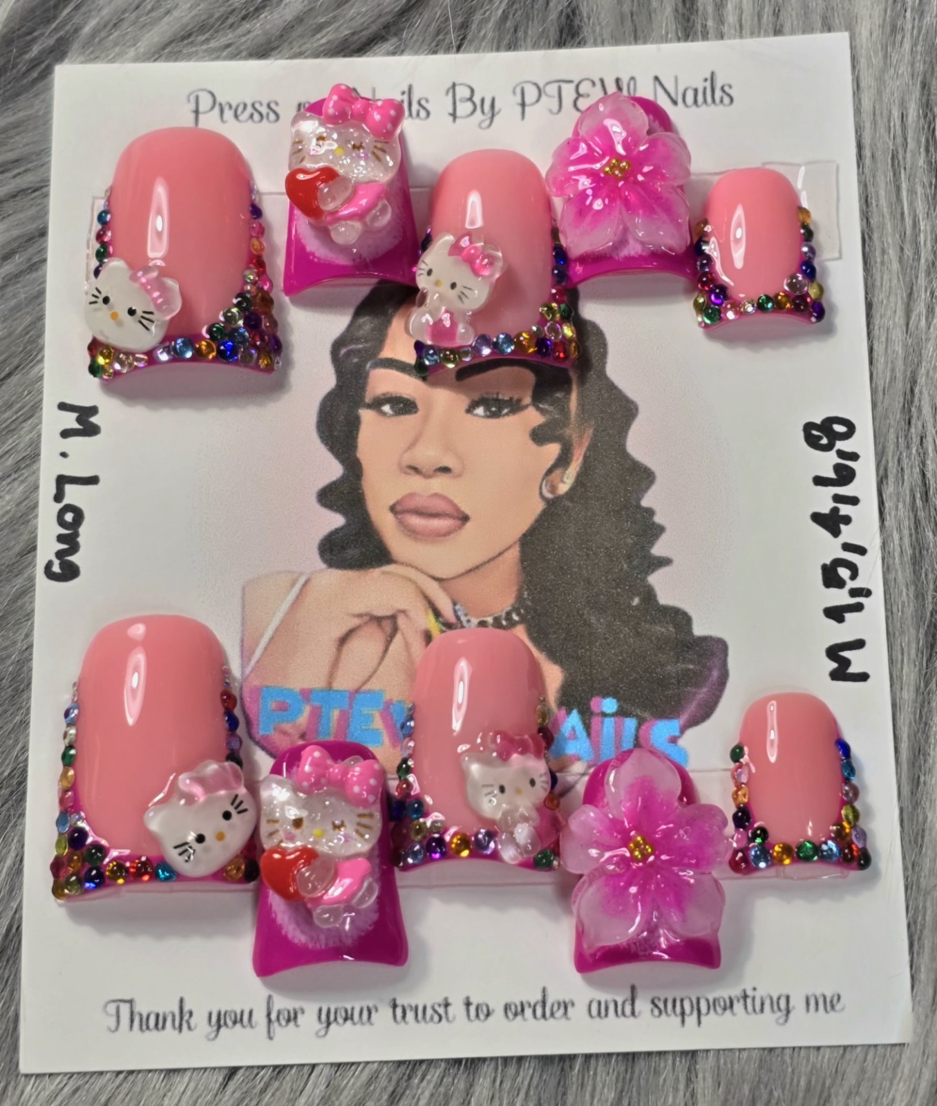 Handmade Press On Nails,LuxuryKitty Pink,Medium Size 1,5,4,6,8 M.Long Duck Shape
