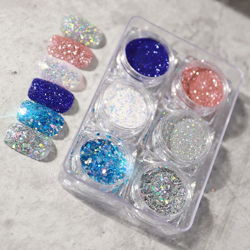 6 Mix Colors Set Nail Art Glitter Powder Dust Sparkly Sequins Shiny Flakes DIY
