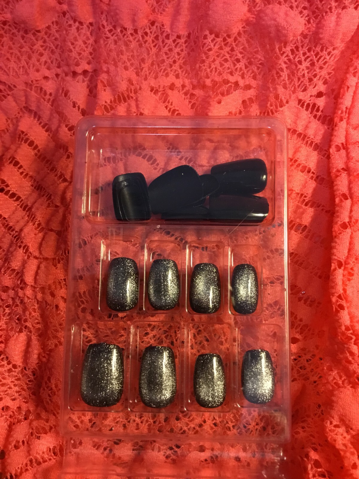 Glossy Press On Nail Square False Nails Design ~ Black/Black Metallic Set of 24
