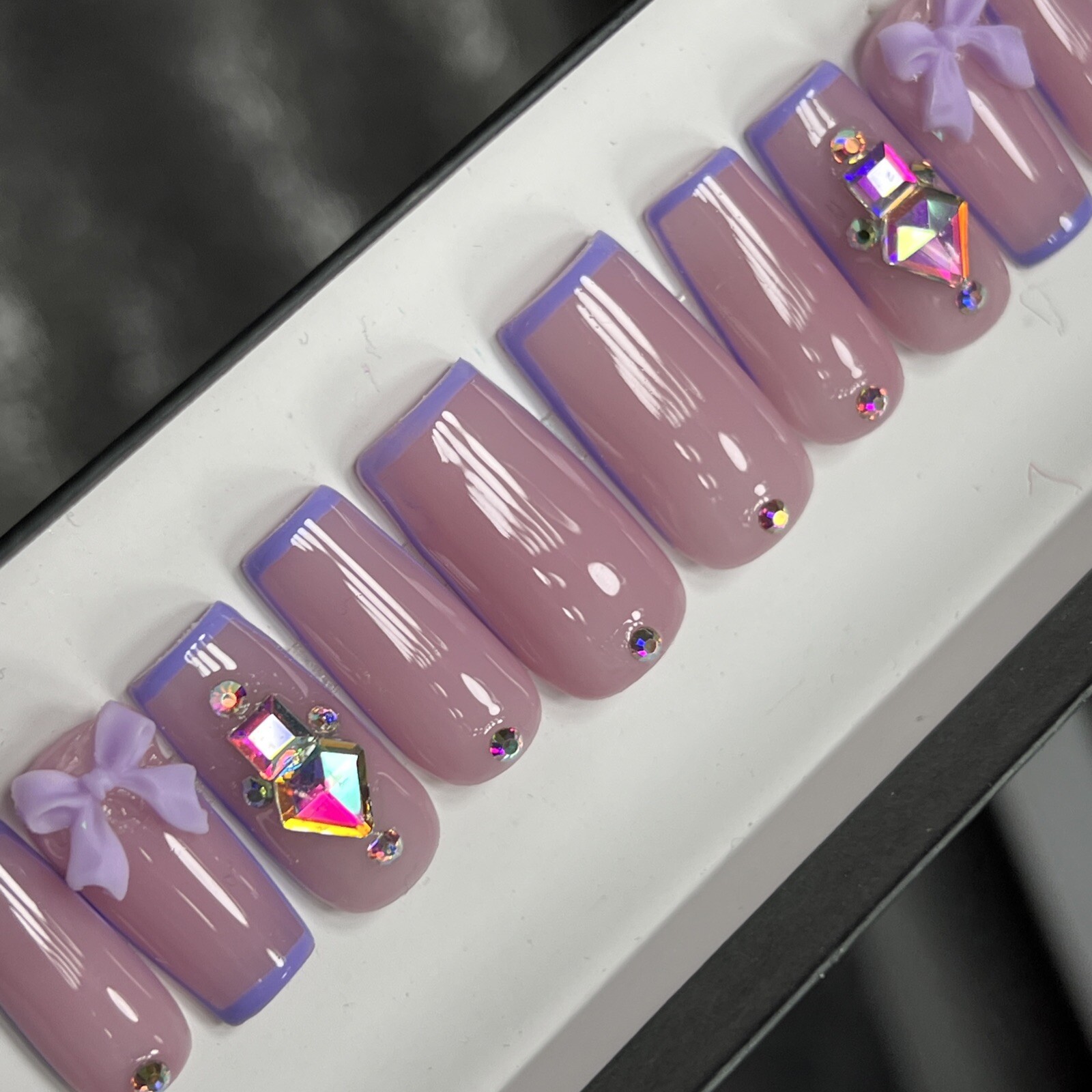 💜💎 CUSTOM Press On Nails FRENCH PURPLE BOW BLING Rhinestones 10p SET W Kit