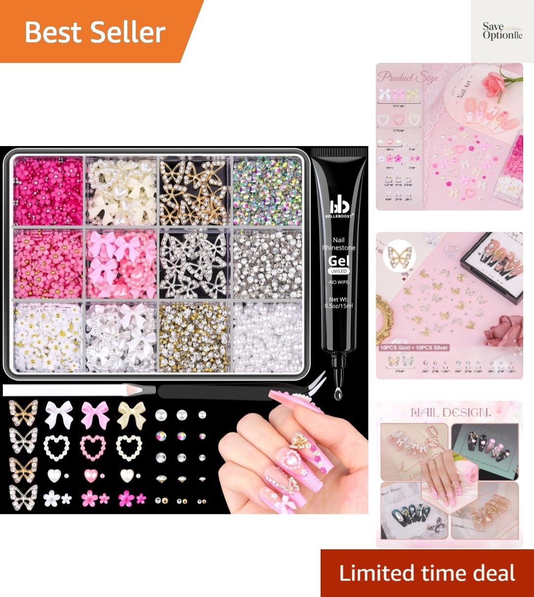 3D Nail Charms and Gems Set 8 with Rhinestone Glue, 20PCS Chunky Butterfly Ch…
