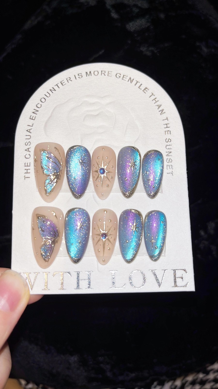 Handmade Iridescent Cat Eye Butterfly Rhinestone Medium Almond Press on Nails