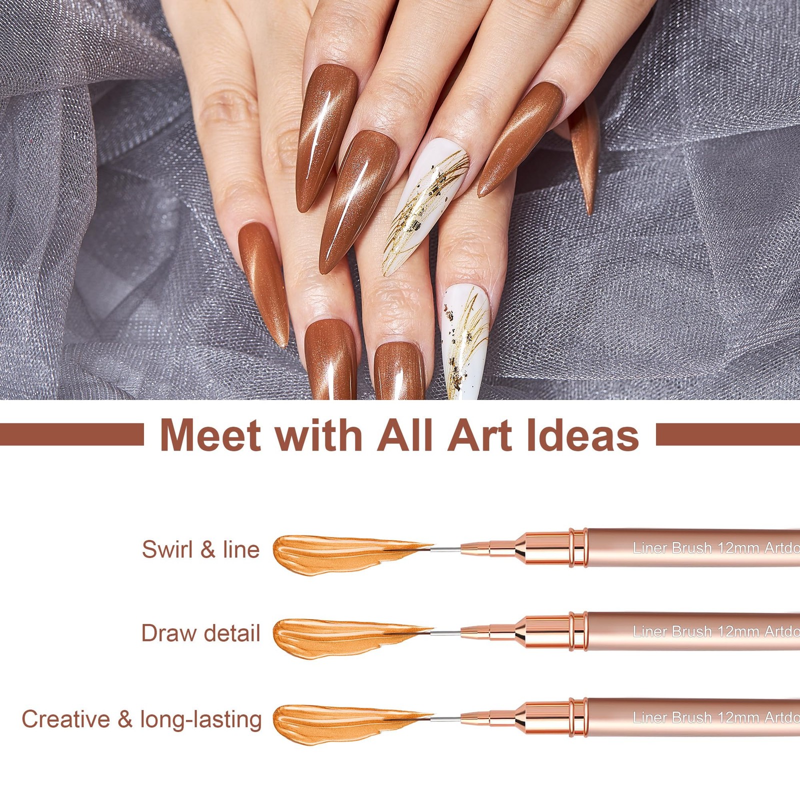 Artdone Metallic Nail Art Pens, Liner Brushes Set, 5PCS Copper Color