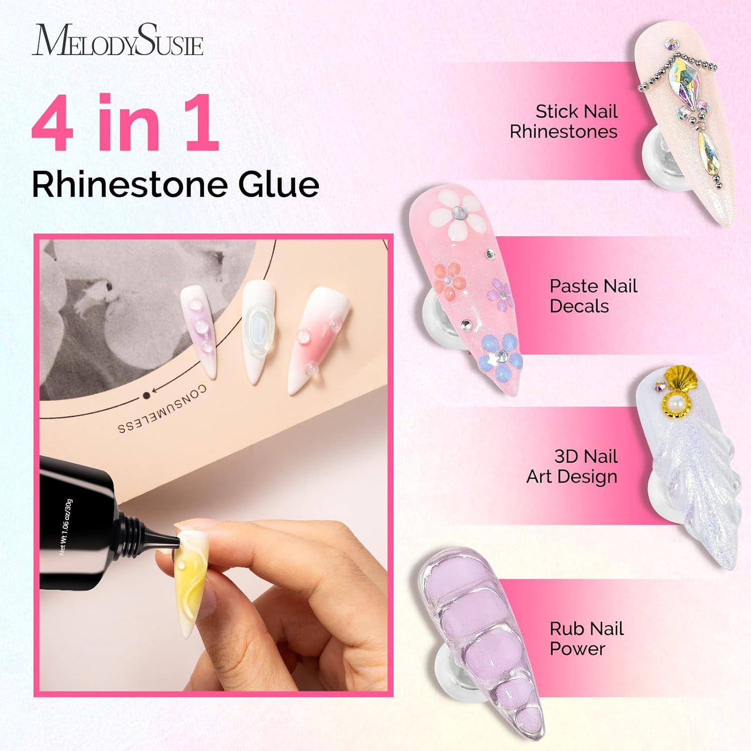 Melodysusie Nail Rhinestone Glue Set, 3D Gel Nail Art Design Strong Adhesive Nai