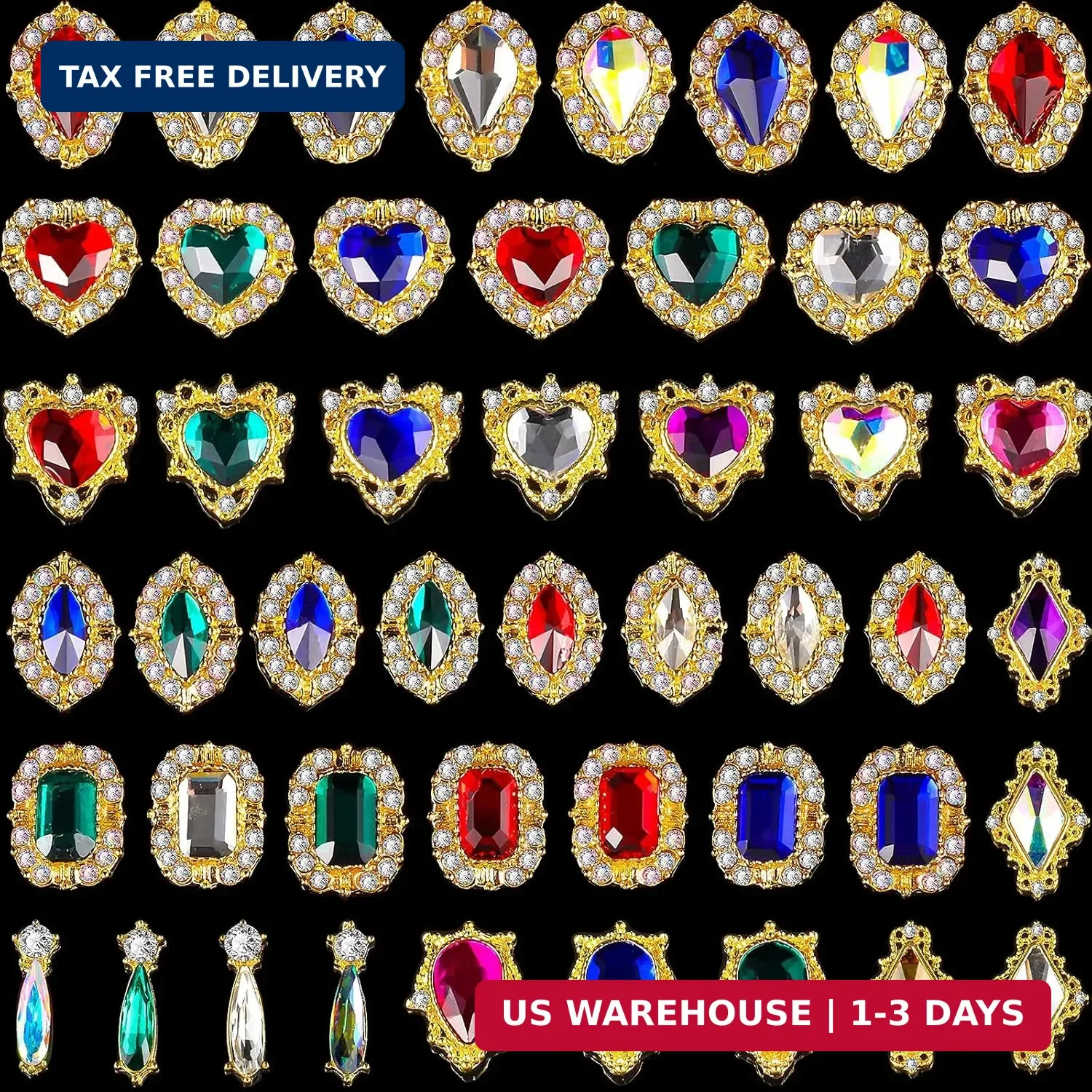Leelosp 48 Pieces Luxury 3D Nail Charms Big Rhinestones Colorful Shiny Diamonds