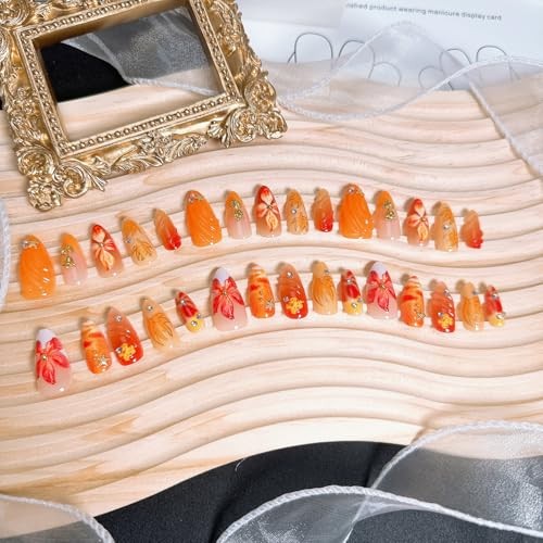 30Pcs Fall Press on Nails Medium Almond White French Tip Fall Flower Nails-14