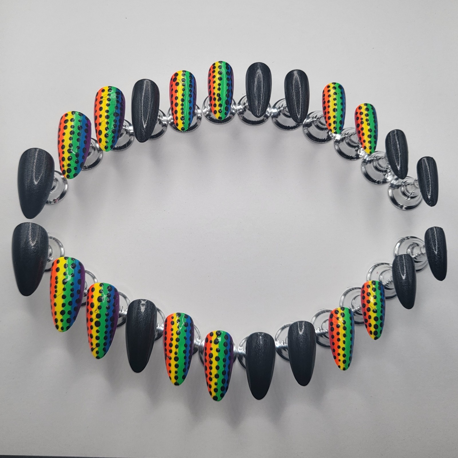 Handmade Rainbow Stripe Press On Nails Medium Almond Black Shimmer | Tempo