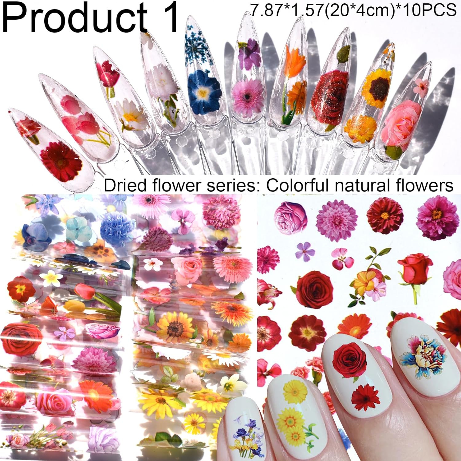 Nail Art Transfer Foils Pieces, Mixed Designs – Dried Flowers, Iridescent, 60