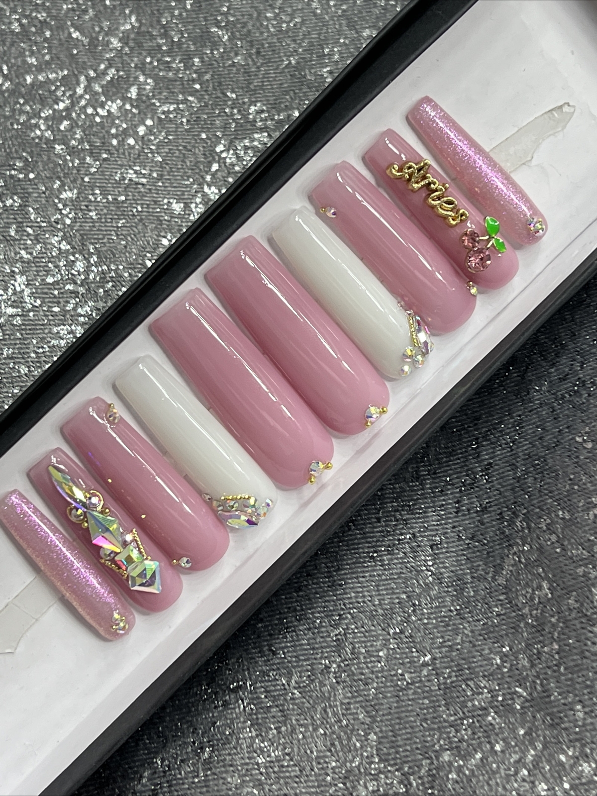 🍒 CUSTOM Gel Press On Nails, LILAC BLING ARIES , 10p FULL SET W Kit LONG SQUARE
