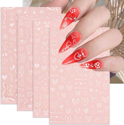 Valentine Heart Nail Art Stickers White Valentine’s Day Nail Decals 3D Self A1