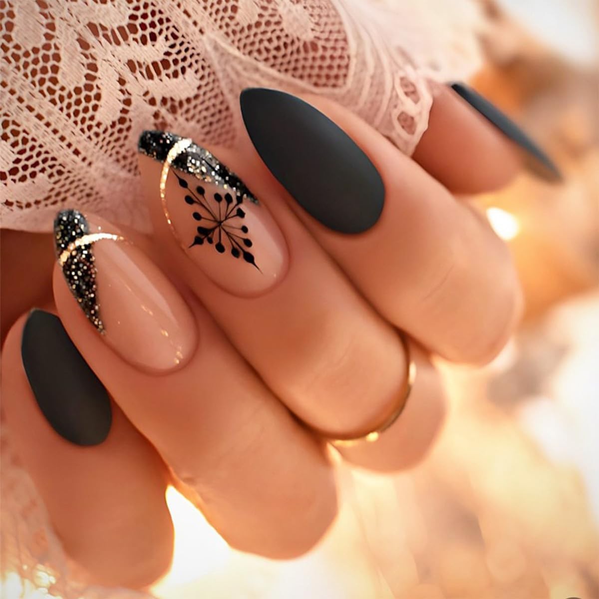 Winter Press on Nails Medium Almond French Tip Fake Nails Black Matte Solid C…